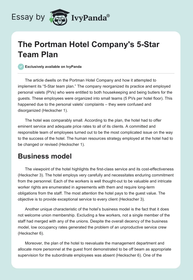The Portman Hotel Company's 5-Star Team Plan. Page 1