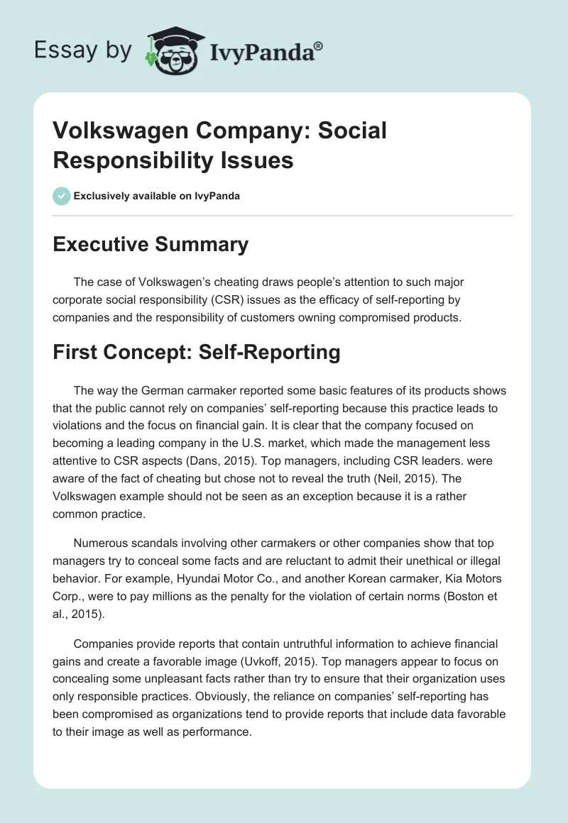 Volkswagen Company: Social Responsibility Issues. Page 1