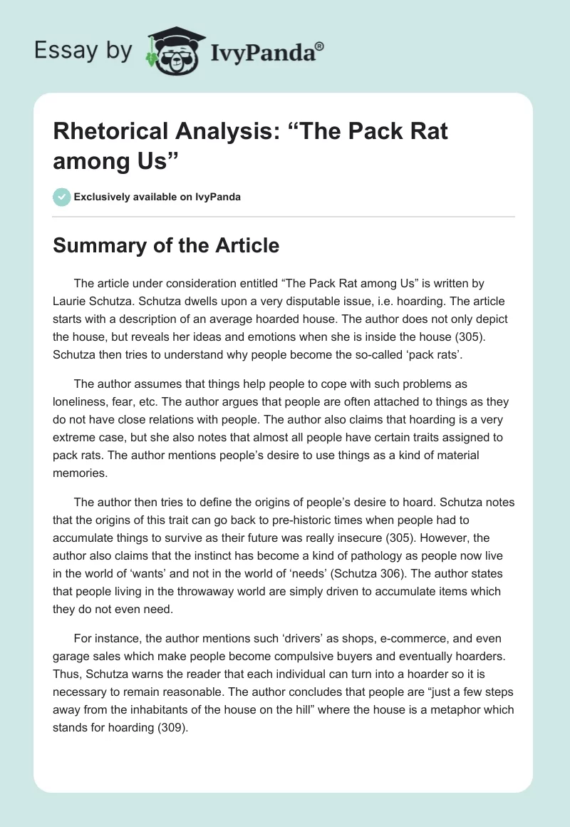 Rhetorical Analysis: “The Pack Rat among Us”. Page 1