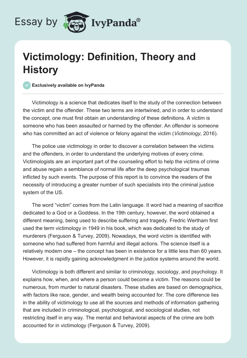 Victimology: Definition, Theory and History. Page 1