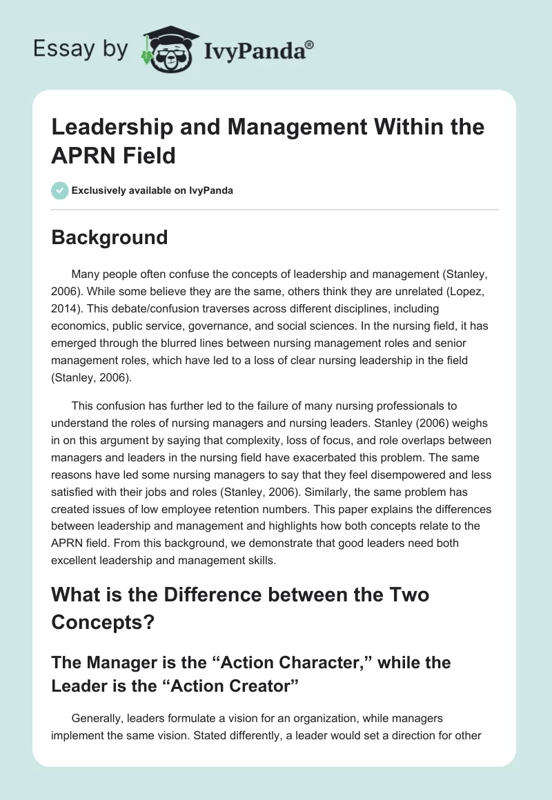 Leadership and Management Within the APRN Field. Page 1
