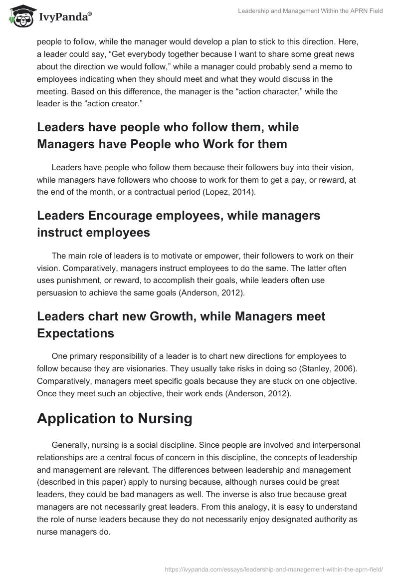 Leadership and Management Within the APRN Field. Page 2
