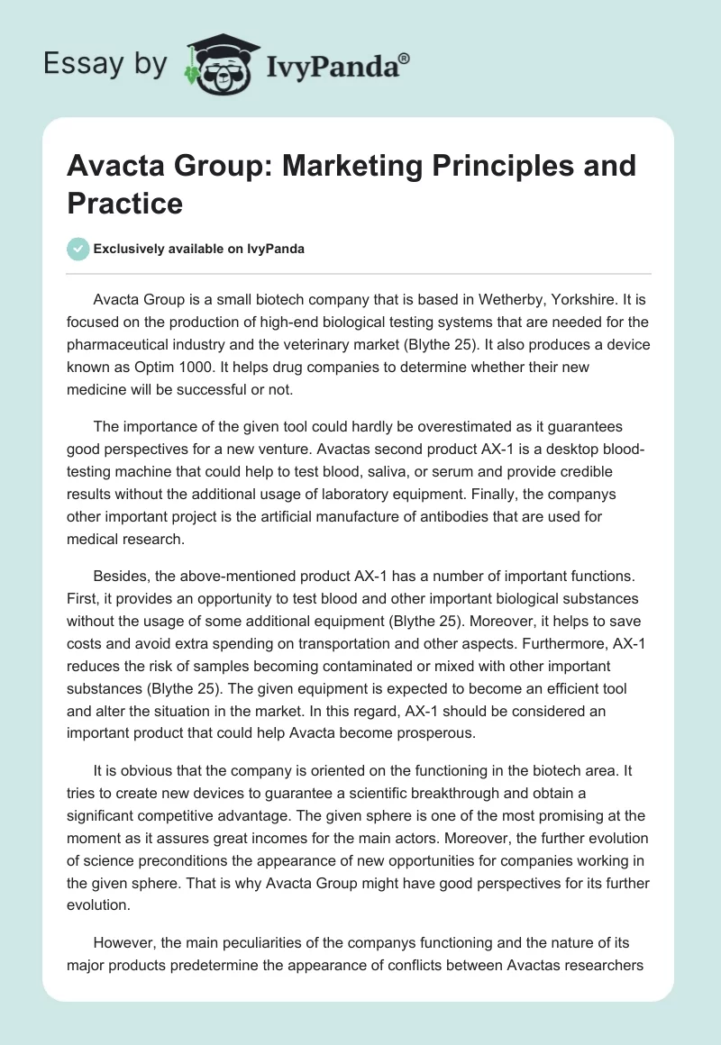 Avacta Group: Marketing Principles and Practice. Page 1
