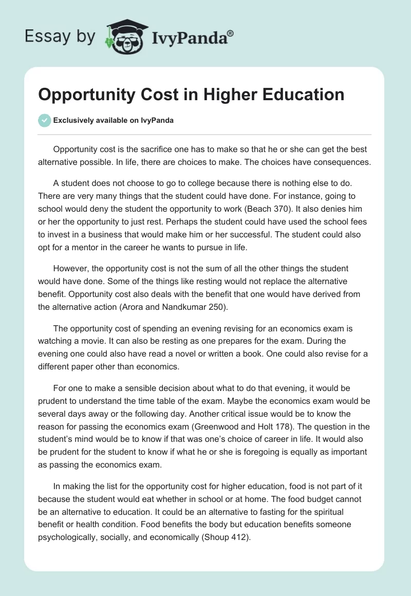Opportunity Cost in Higher Education. Page 1