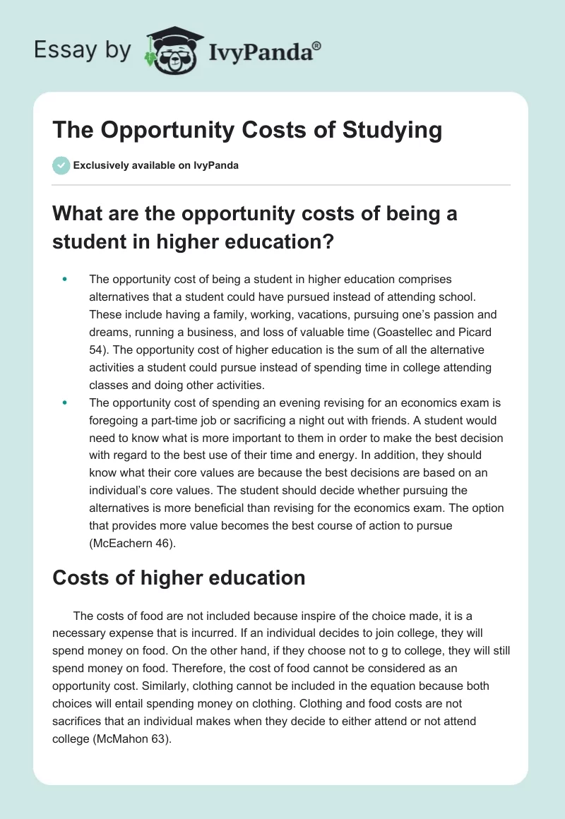 The Opportunity Costs of Studying. Page 1