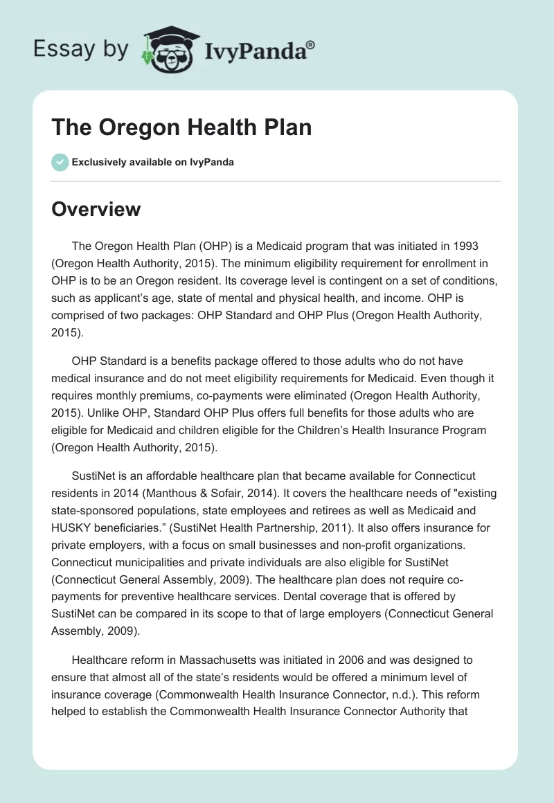 The Oregon Health Plan. Page 1