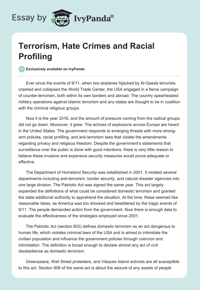 Terrorism, Hate Crimes and Racial Profiling. Page 1