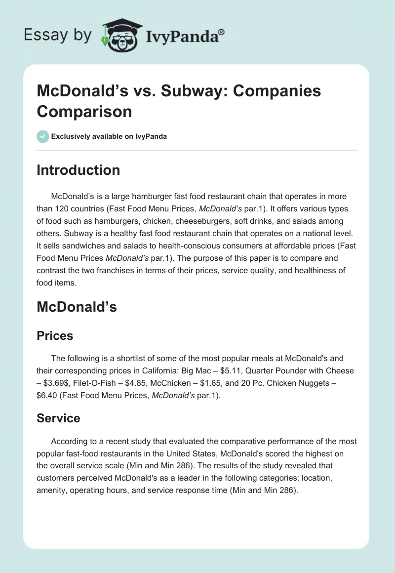 McDonald’s vs. Subway: Companies Comparison. Page 1