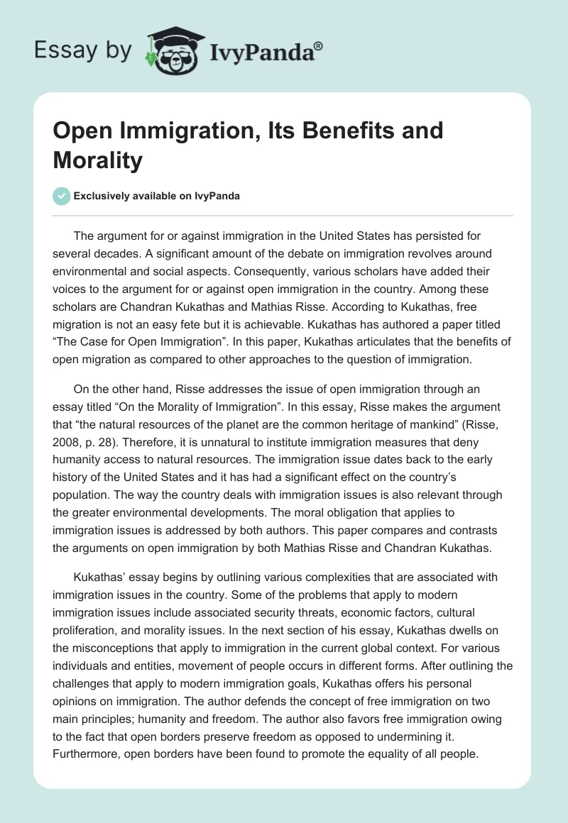 Open Immigration, Its Benefits and Morality. Page 1