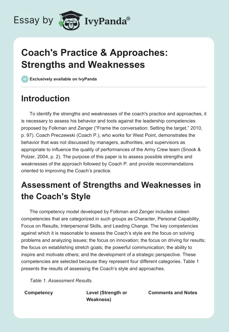 Coach's Practice & Approaches: Strengths and Weaknesses. Page 1