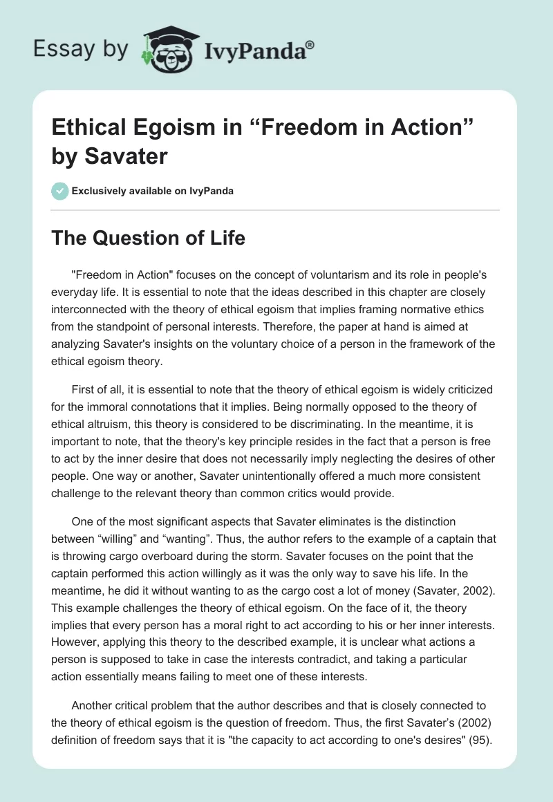 Ethical Egoism in “Freedom in Action” by Savater. Page 1