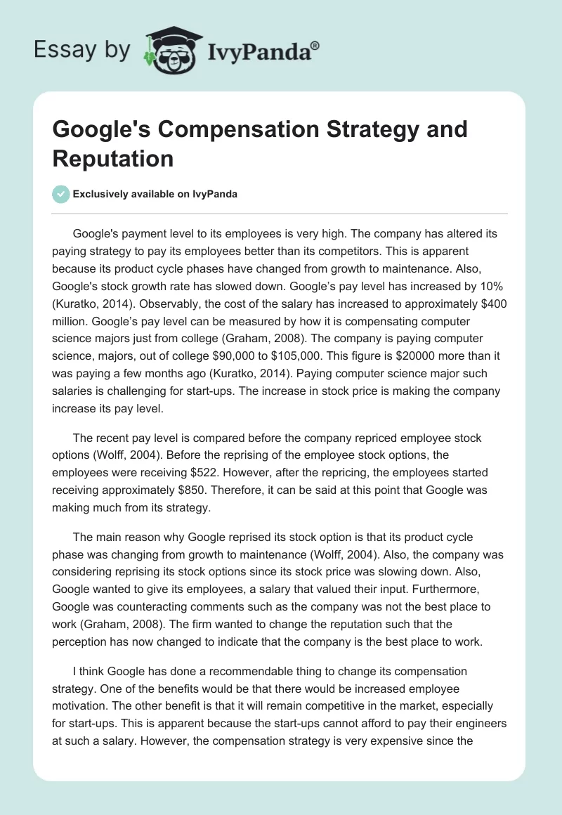 Google's Compensation Strategy and Reputation. Page 1