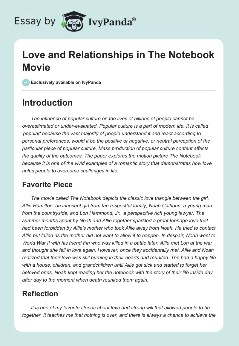 Love and Relationships in "The Notebook" Movie. Page 1