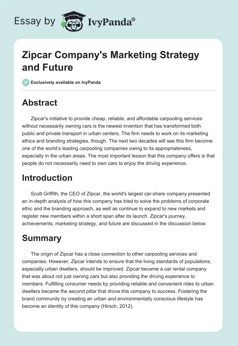 Zipcar Company's Marketing Strategy and Future. Page 1