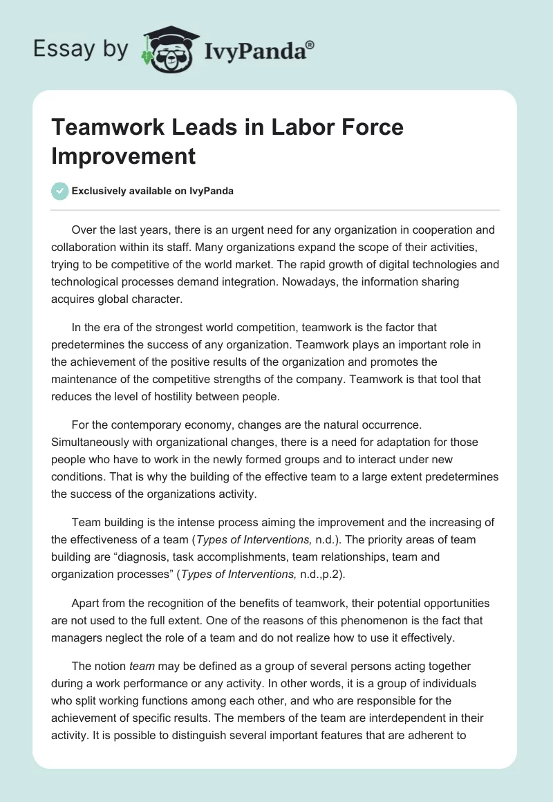 Teamwork Leads in Labor Force Improvement. Page 1