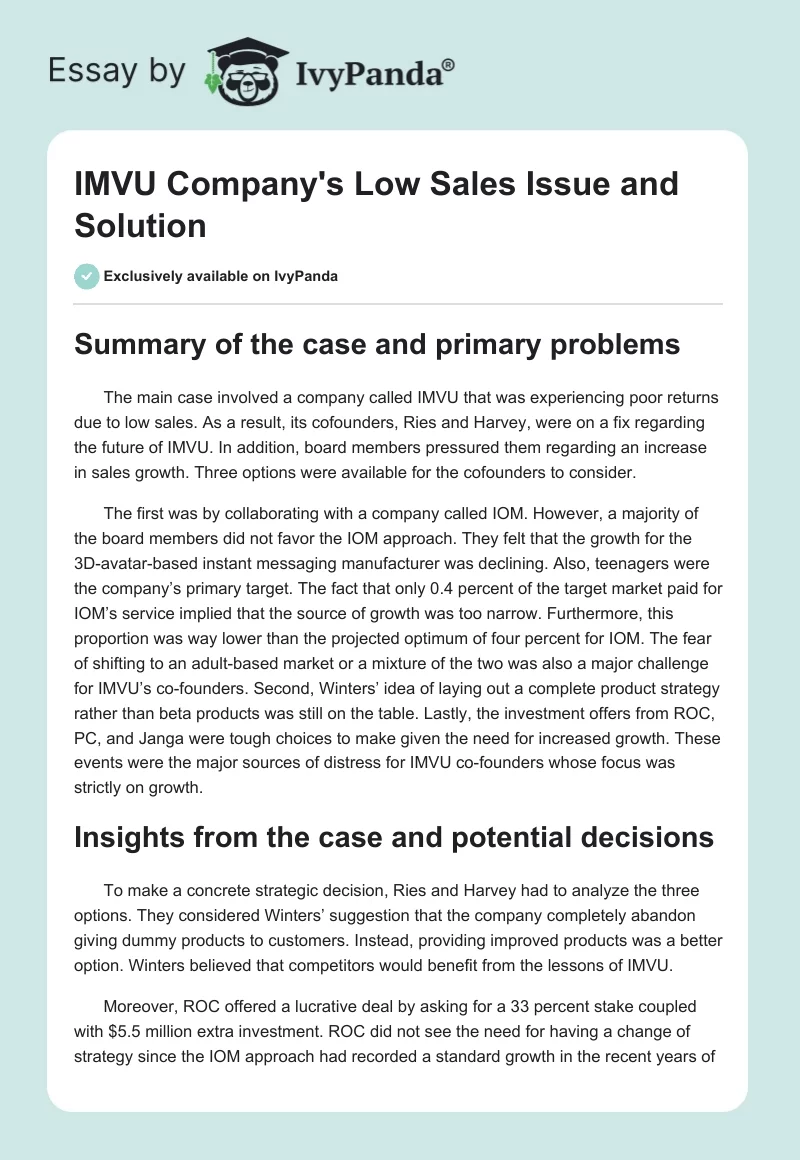 IMVU Company's Low Sales Issue and Solution. Page 1