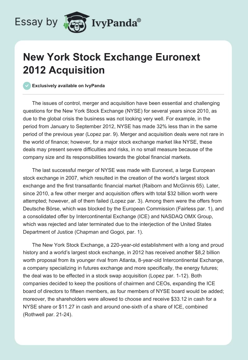 New York Stock Exchange Euronext 2012 Acquisition. Page 1