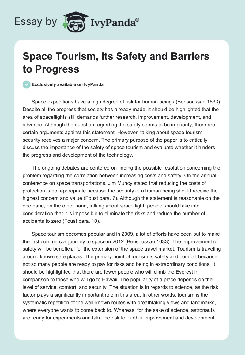Space Tourism, Its Safety and Barriers to Progress. Page 1