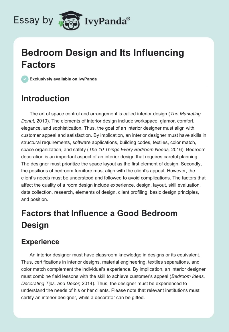 Bedroom Design and Its Influencing Factors. Page 1