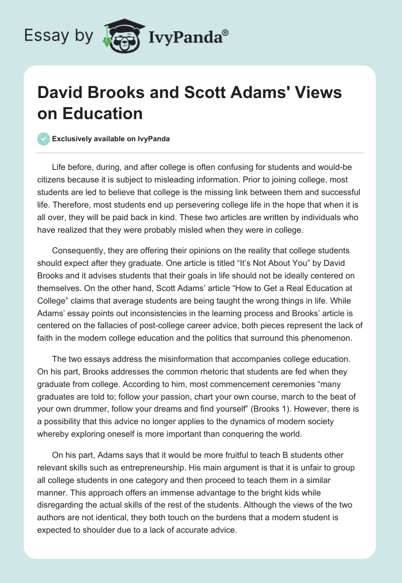David Brooks and Scott Adams' Views on Education. Page 1