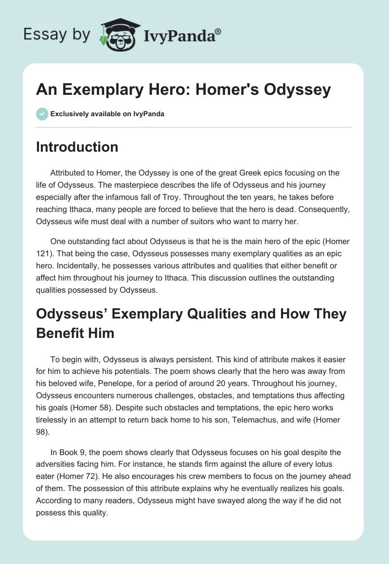 An Exemplary Hero: Homer's "The Odyssey". Page 1