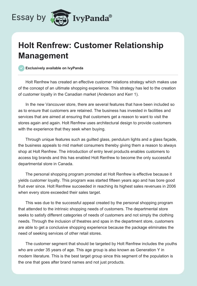 Holt Renfrew: Customer Relationship Management. Page 1