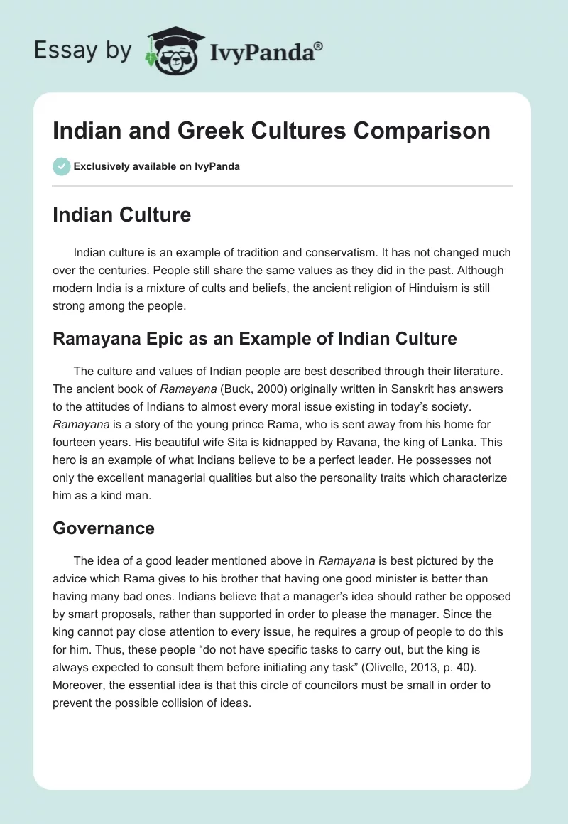Indian and Greek Cultures Comparison. Page 1