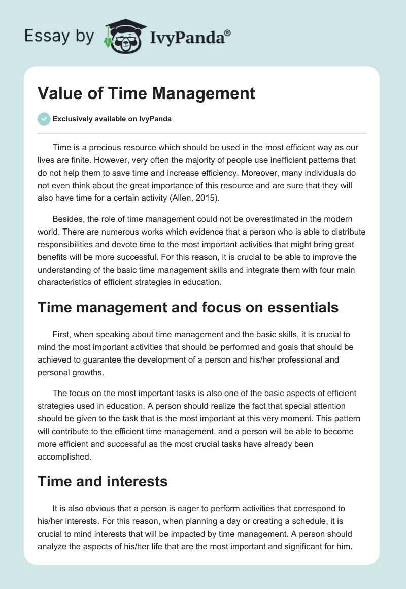 Value of Time Management. Page 1