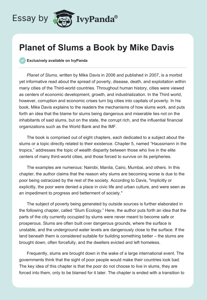 "Planet of Slums" a Book by Mike Davis. Page 1