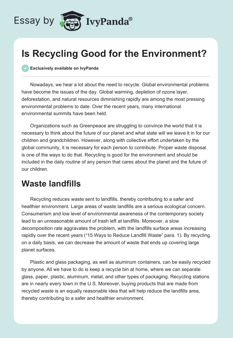 Is Recycling Good for the Environment?. Page 1