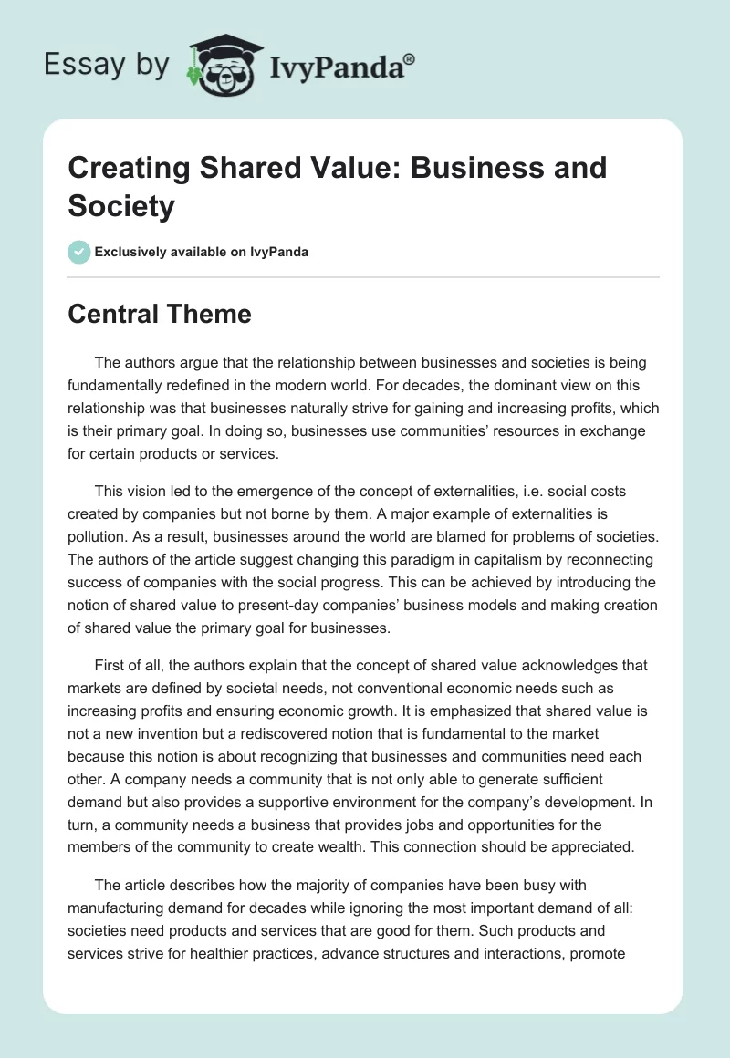 Creating Shared Value: Business and Society. Page 1
