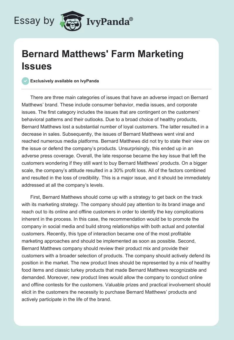 Bernard Matthews' Farm Marketing Issues. Page 1