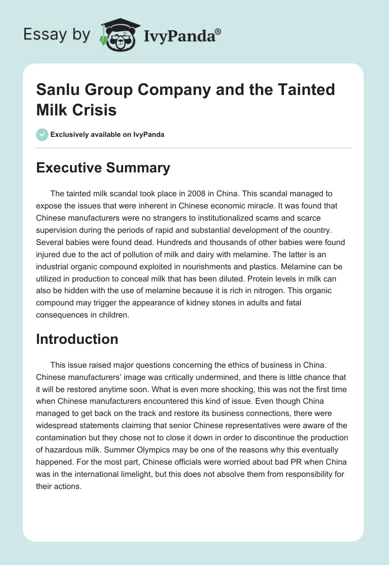 Sanlu Group Company and the Tainted Milk Crisis. Page 1