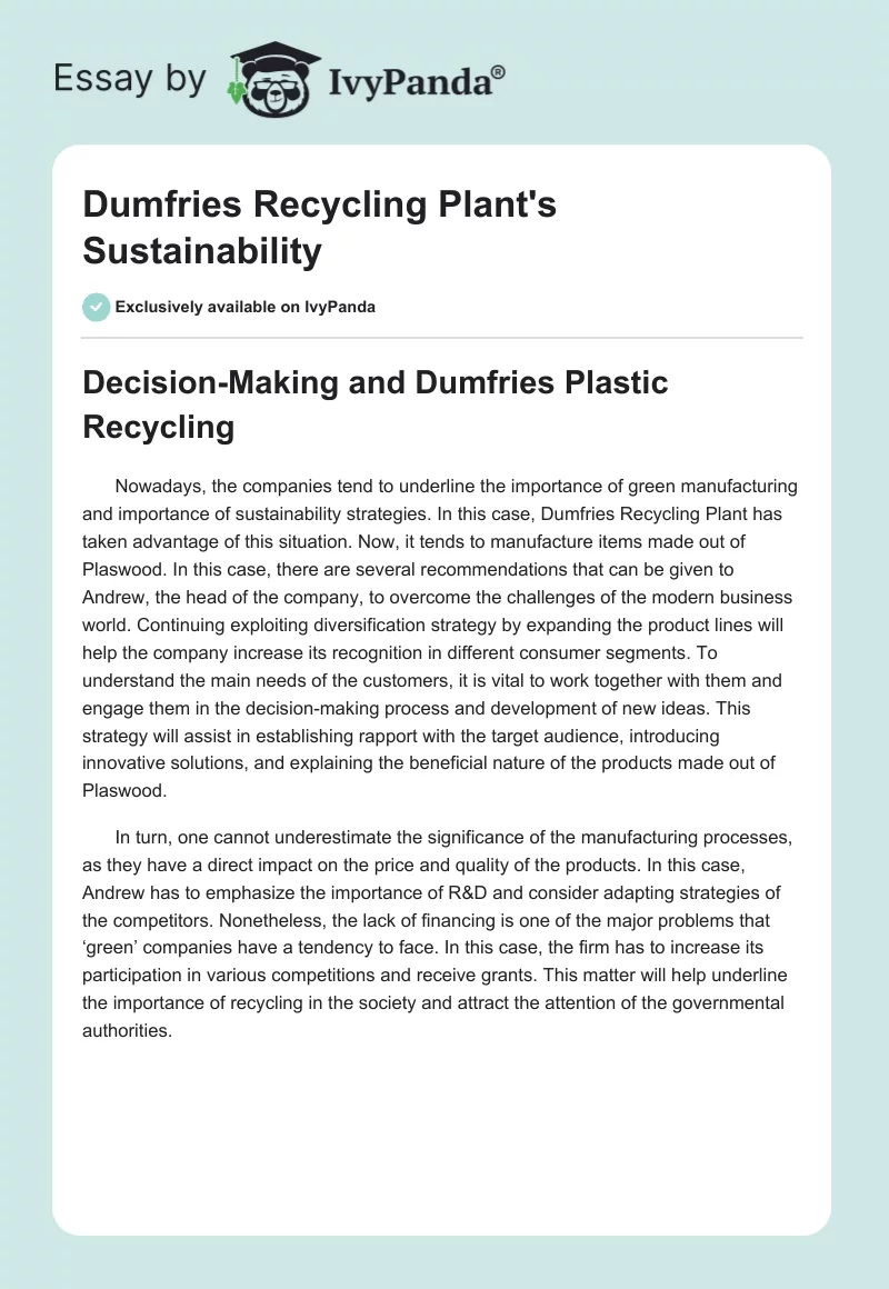 Dumfries Recycling Plant's Sustainability. Page 1