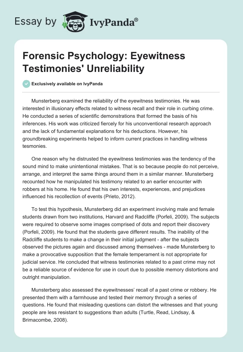 Forensic Psychology: Eyewitness Testimonies' Unreliability. Page 1