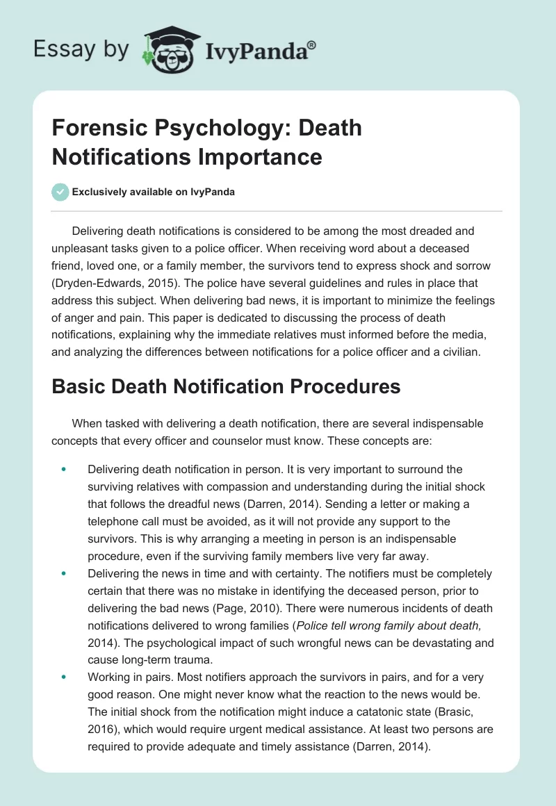 Forensic Psychology: Death Notifications Importance. Page 1