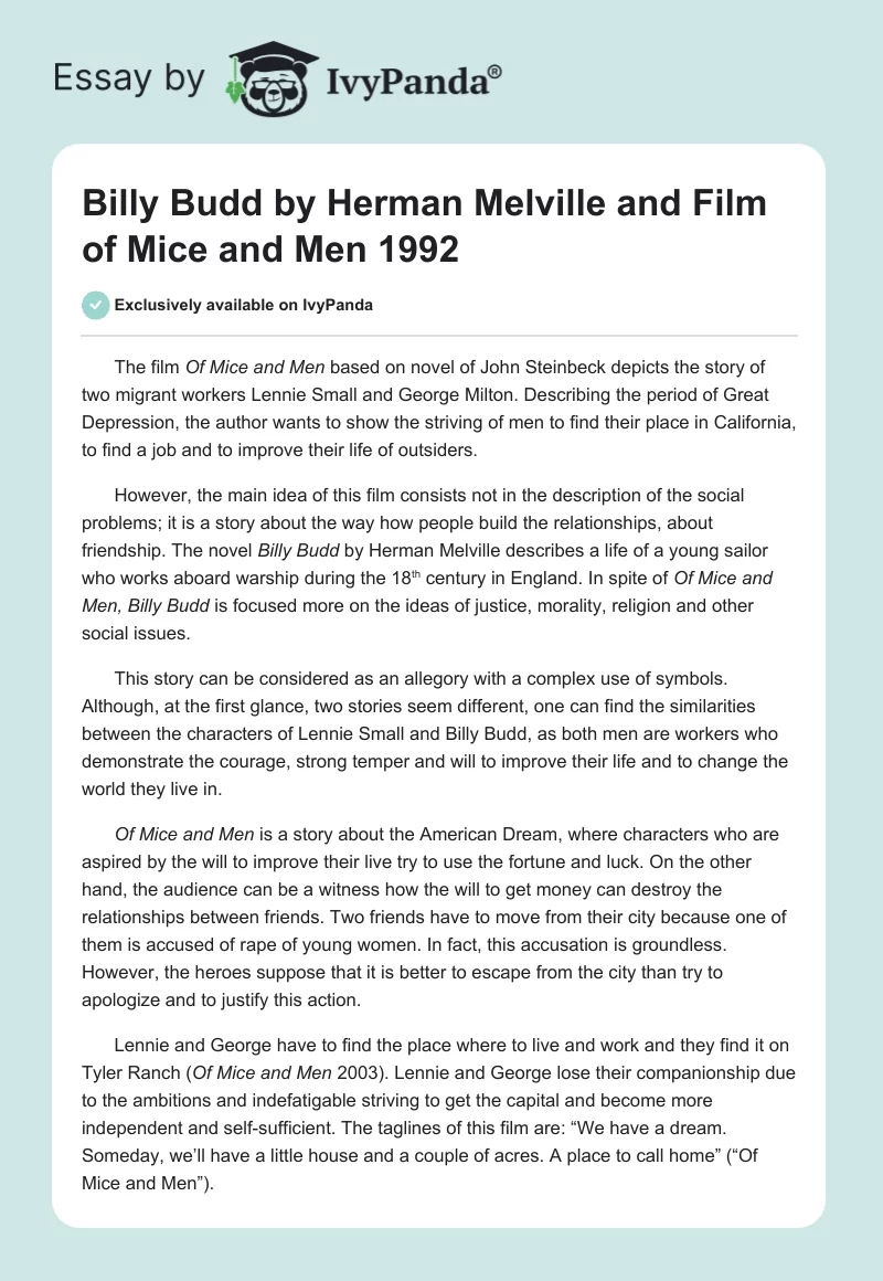 Billy Budd by Herman Melville and Film Of Mice and Men 1992. Page 1