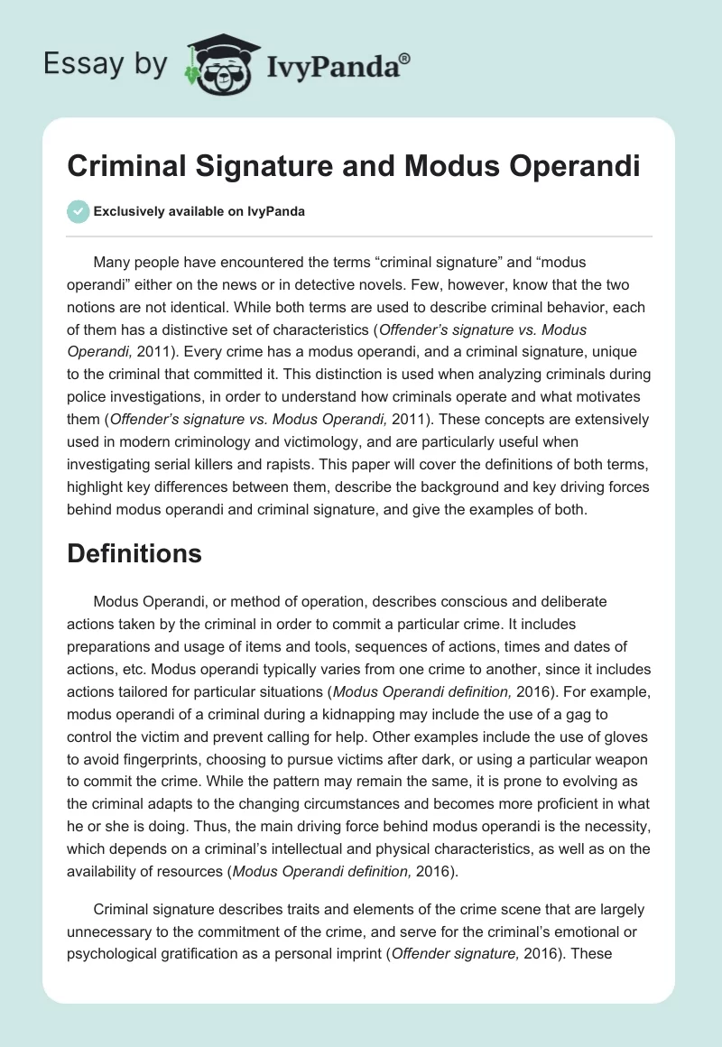 Criminal Signature and Modus Operandi. Page 1