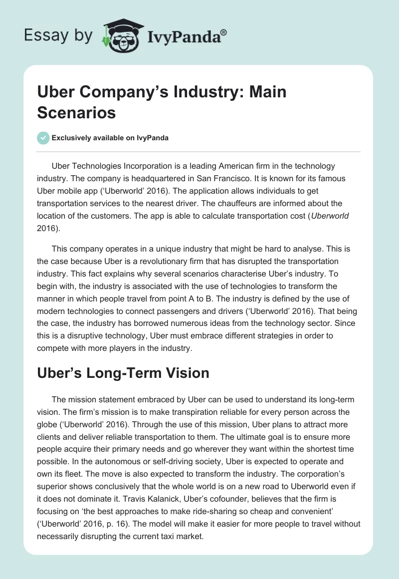 Uber Company’s Industry: Main Scenarios. Page 1