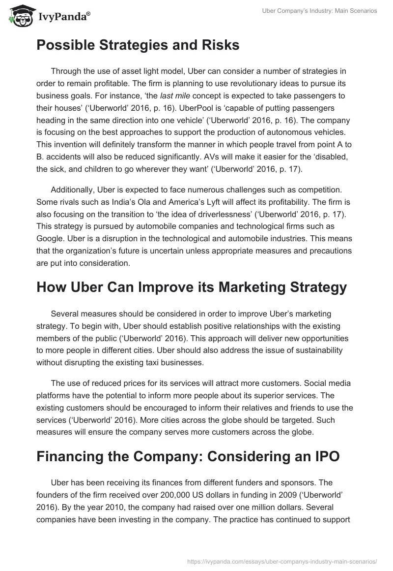 Uber Company’s Industry: Main Scenarios. Page 4