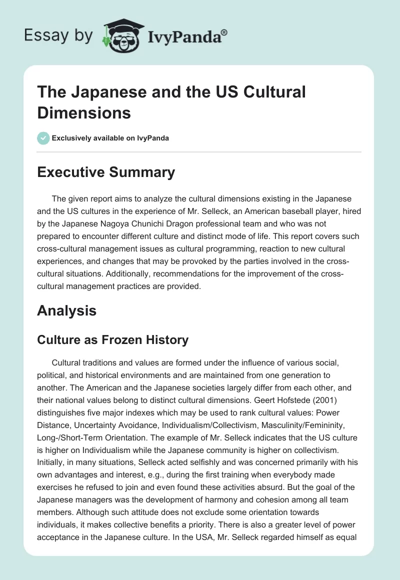 The Japanese and the US Cultural Dimensions. Page 1