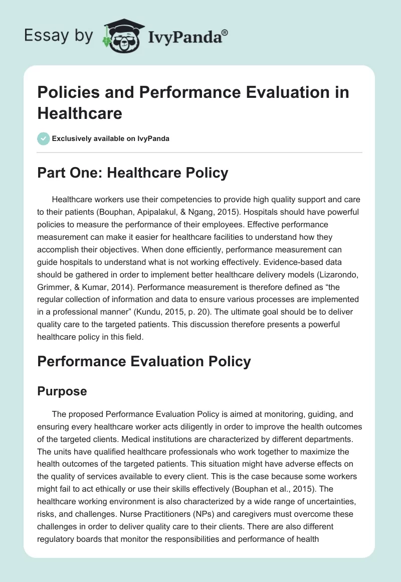 Policies and Performance Evaluation in Healthcare. Page 1