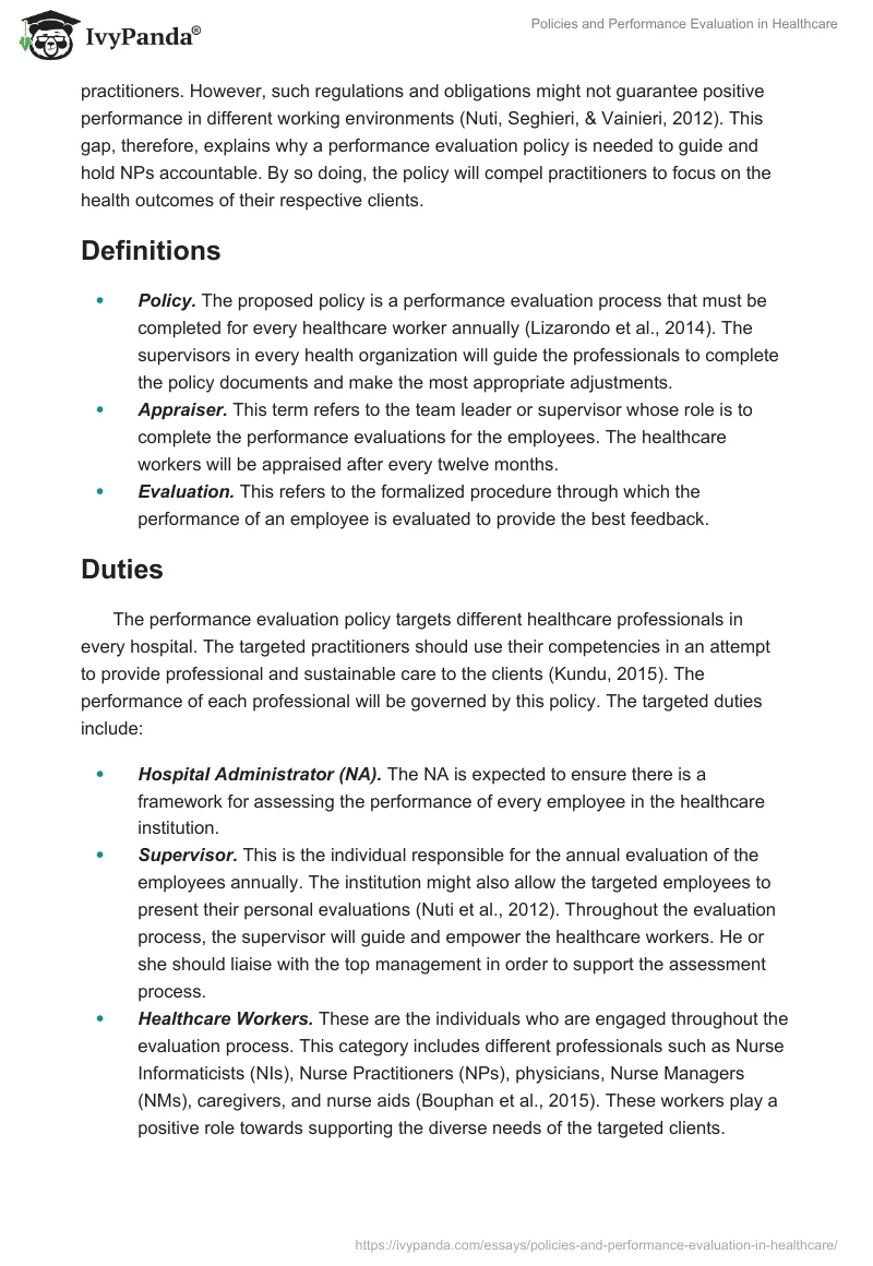 Policies and Performance Evaluation in Healthcare. Page 2