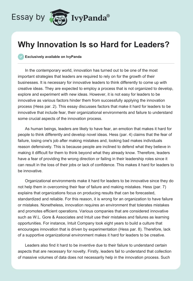 Why Innovation Is so Hard for Leaders?. Page 1