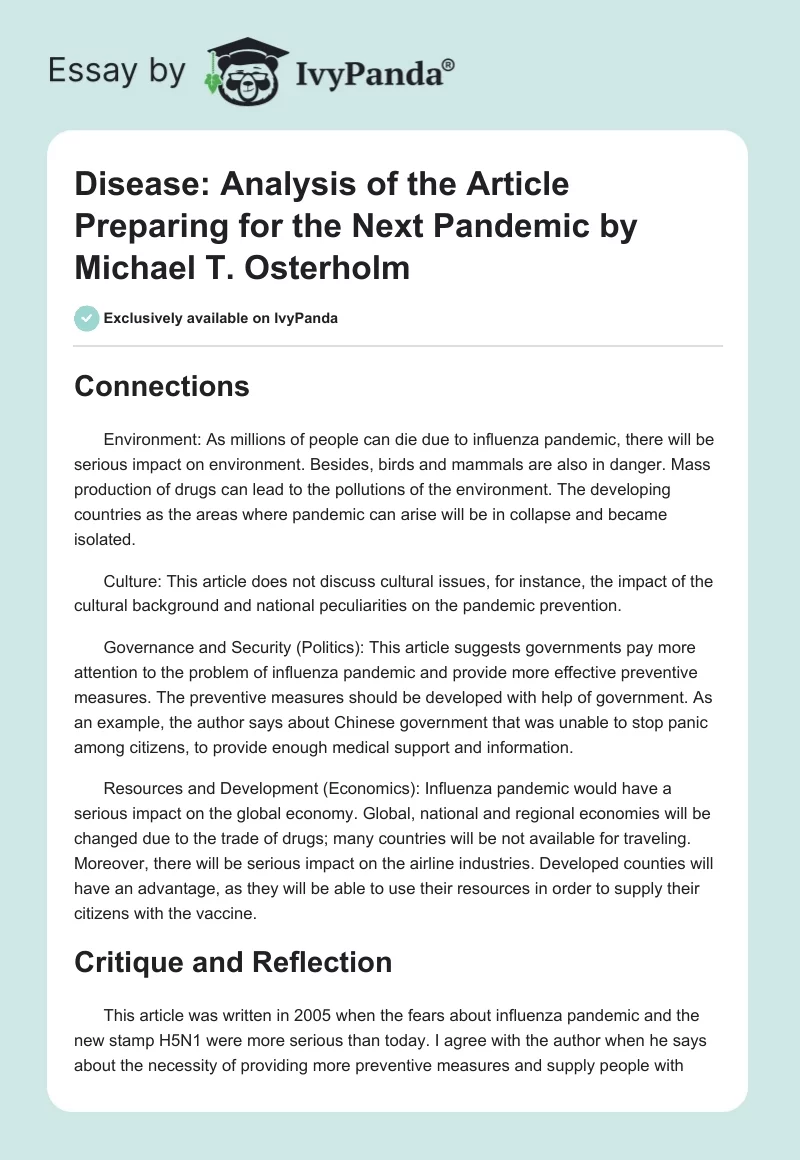 Disease: Analysis of the Article Preparing for the Next Pandemic by Michael T. Osterholm. Page 1