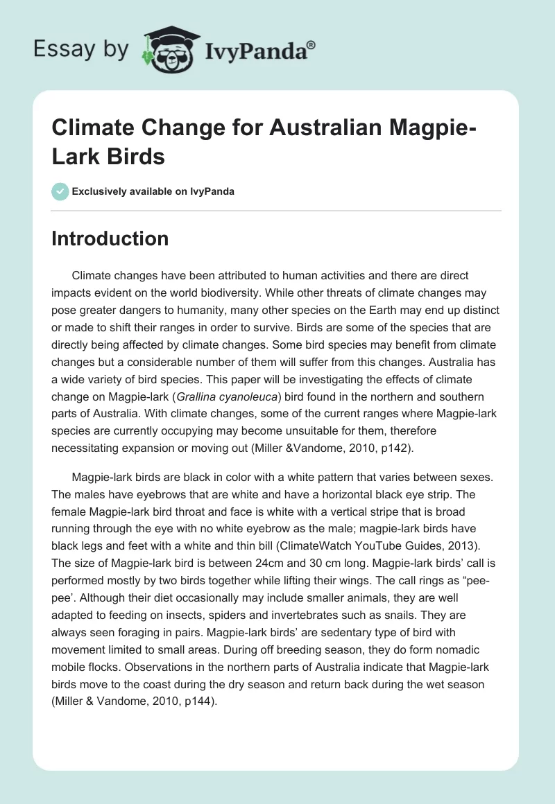 Climate Change for Australian Magpie-Lark Birds. Page 1