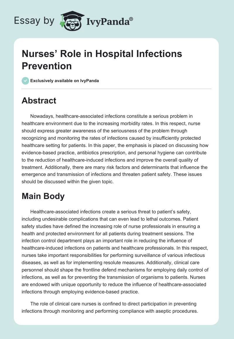 Nurses’ Role in Hospital Infections Prevention. Page 1