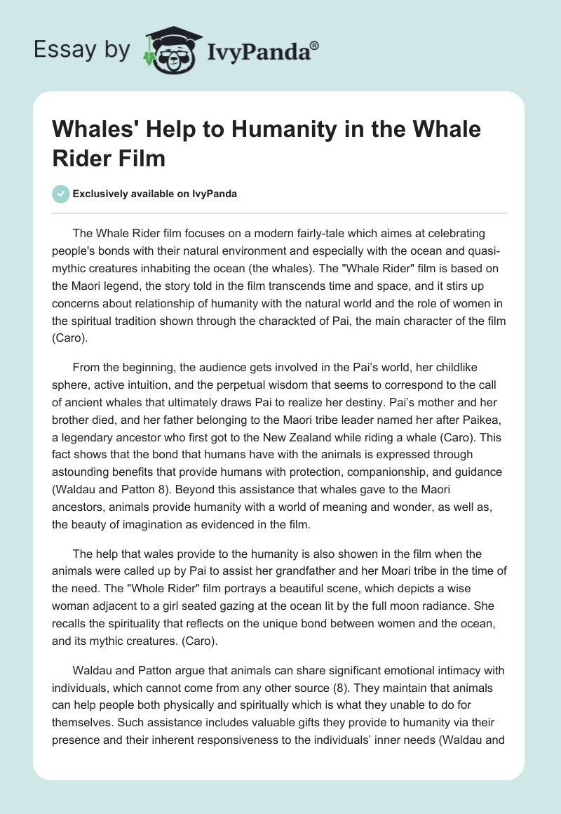 Whales' Help to Humanity in the "Whale Rider" Film. Page 1