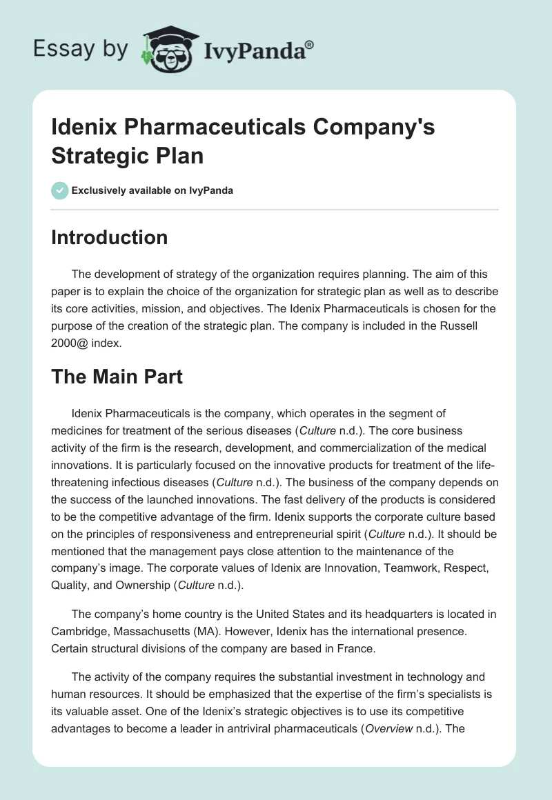 Idenix Pharmaceuticals Company's Strategic Plan. Page 1