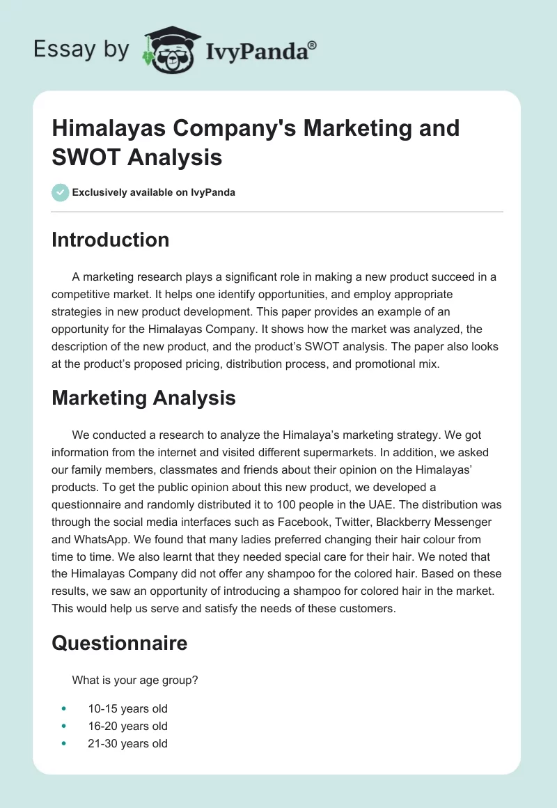 Himalayas Company's Marketing and SWOT Analysis. Page 1